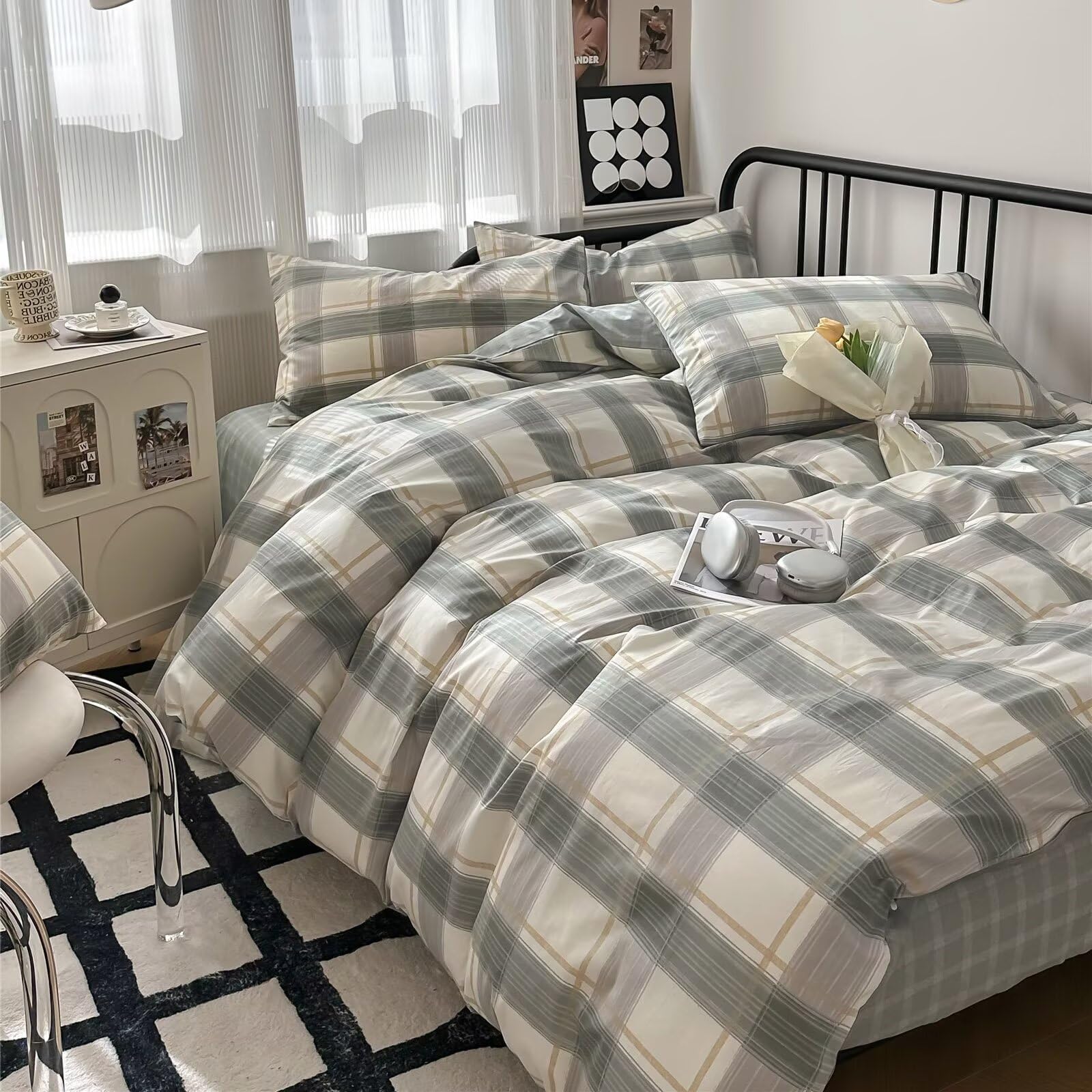 MKXI Vintage Green Plaid Duvet Cover Set with Checkered Design Farmhouse Look Gingham Modern Bedding Twin Size Classic Rustic Bedroom Collection for All Ages