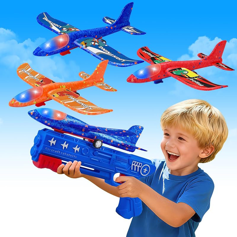 LJZJ Lanzador de Aviones de Espuma LED de 3 Piezas, 2 Modos de Regalo de Juguete para Exteriores para niños y niñas Mayores de 3 años | El planeador de espuma cuenta con 2 modos de expulsión y lanzamiento manual. Las luces LED ofrecen una experiencia de vuelo nocturna llena de diversión para los niños