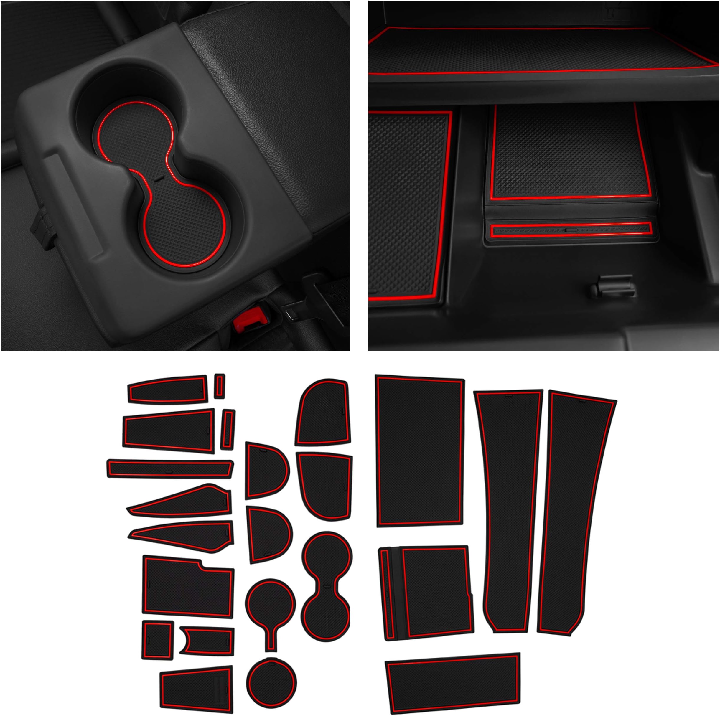 CupHolderHero Compatible with Ford EcoSport Accessories 2018-2022 Premium Custom Interior Non-Slip Anti Dust Cup Holder Inserts, Center Console Liner Mats, Door Pocket Liners 25pc Set (Red Trim)