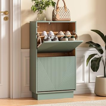 UEV Slim Shoe Cabinet with 2 Flip Drawers, Carved Line Fronts, Narrow Storage Unit with Anti-Tip Design for Hallway, Entryway or Living Room, Sage Green