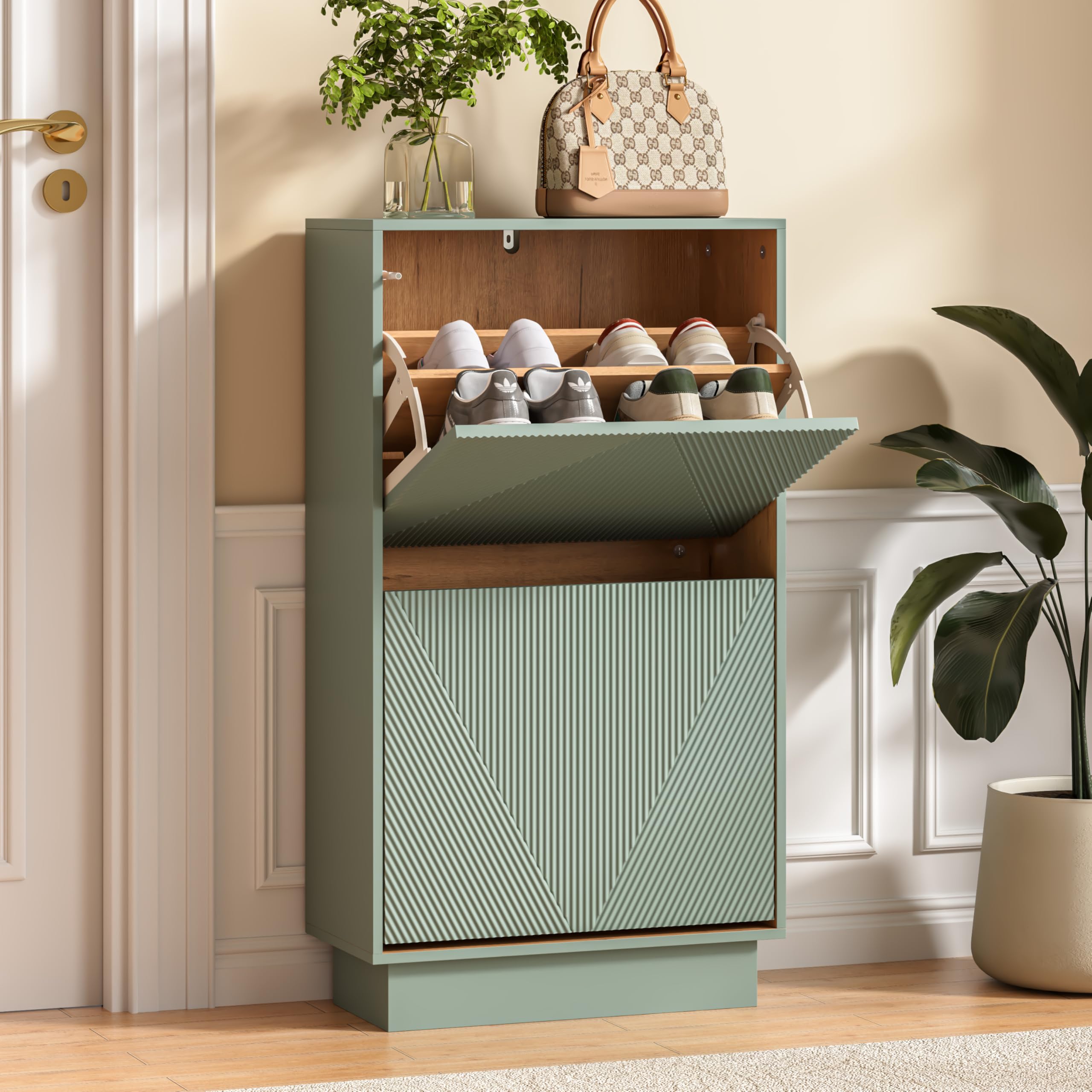 UEV Slim Shoe Cabinet with 2 Flip Drawers, Carved Line Fronts, Narrow Storage Unit with Anti-Tip Design for Hallway, Entryway or Living Room, Sage Green