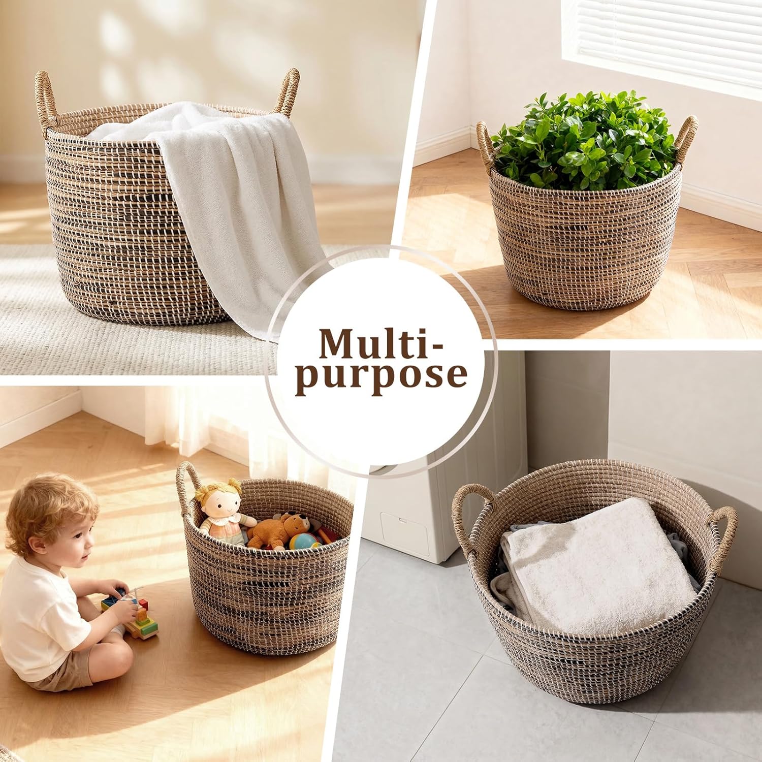 Handwoven Seagrass Storage Baskets Set of 3, Large Woven Baskets with Handles for Blankets, Toys, Laundry, Nursery, Living Room and Bedroom, Natural Decorative Basket Set