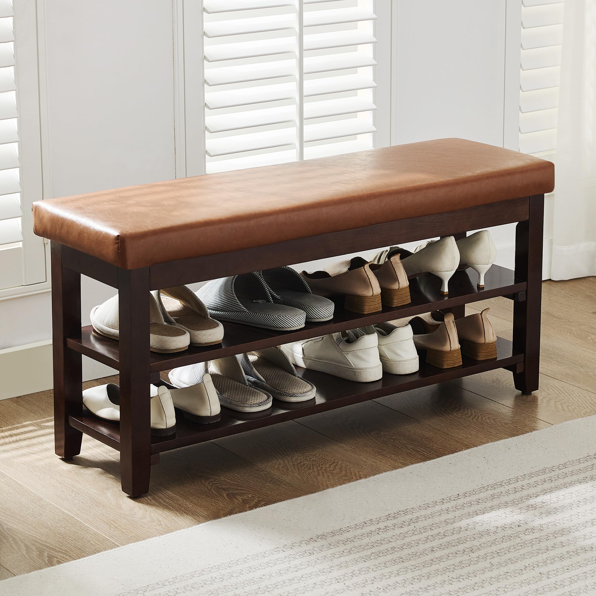 40" shoe bench with leather cushion, 2-tier shoe rack entryway bench, wood bench for front door entrance, mudroom, hallway, wooden shoe shelves, shoe organizer, shoe storage, light brown