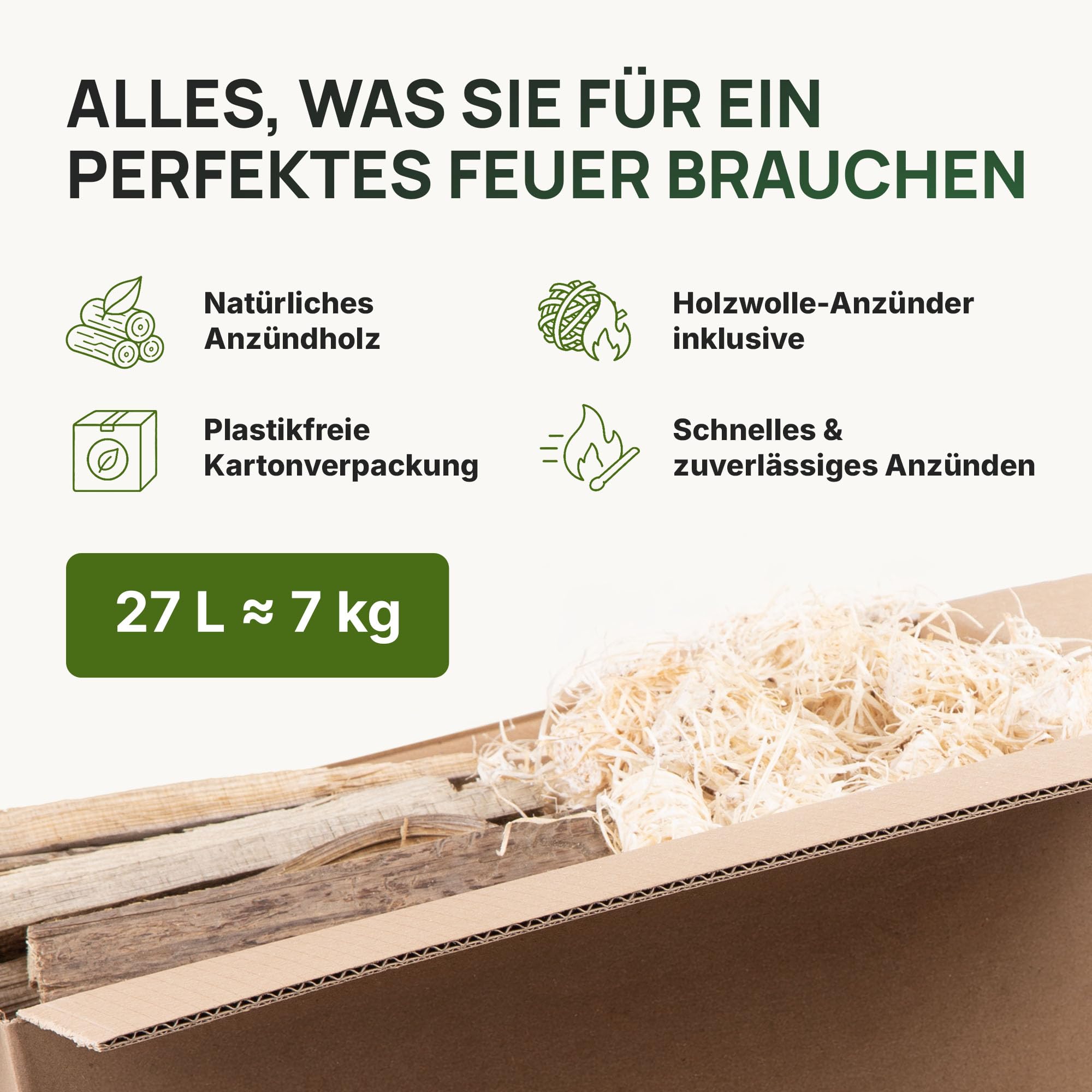 Leña de pino, caja de 27 litros (aprox. 7 kg) con encendedores de lana de madera, producto natural, encendedor para estufa, barbacoa y hoguera