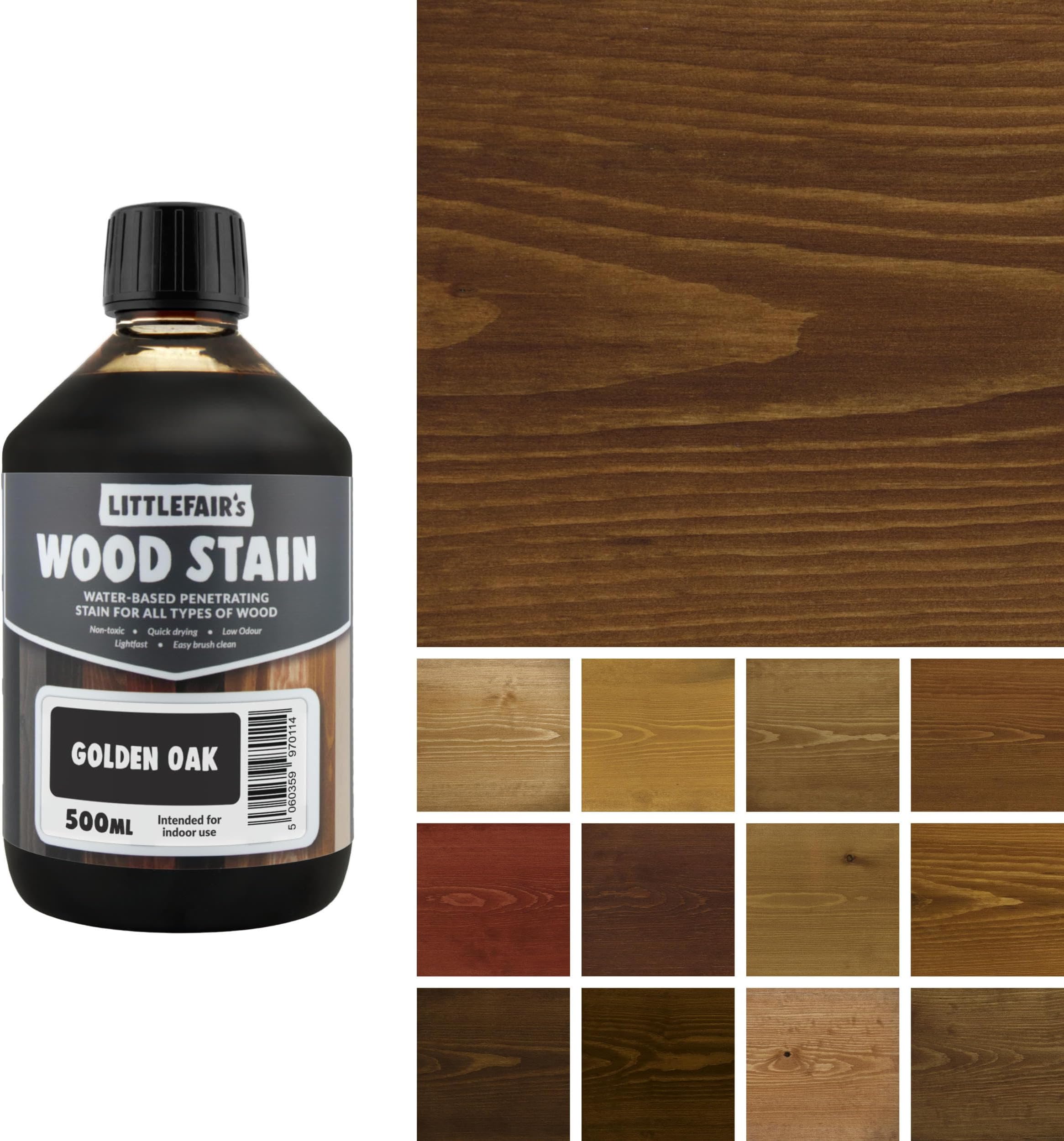 Littlefair's Wood Stain Water-Based - (Golden Oak) – Non-Toxic, Eco-Friendly & Quick Drying - Easy-to-Apply, Concentrated Formula for All Wood Types – 500ml