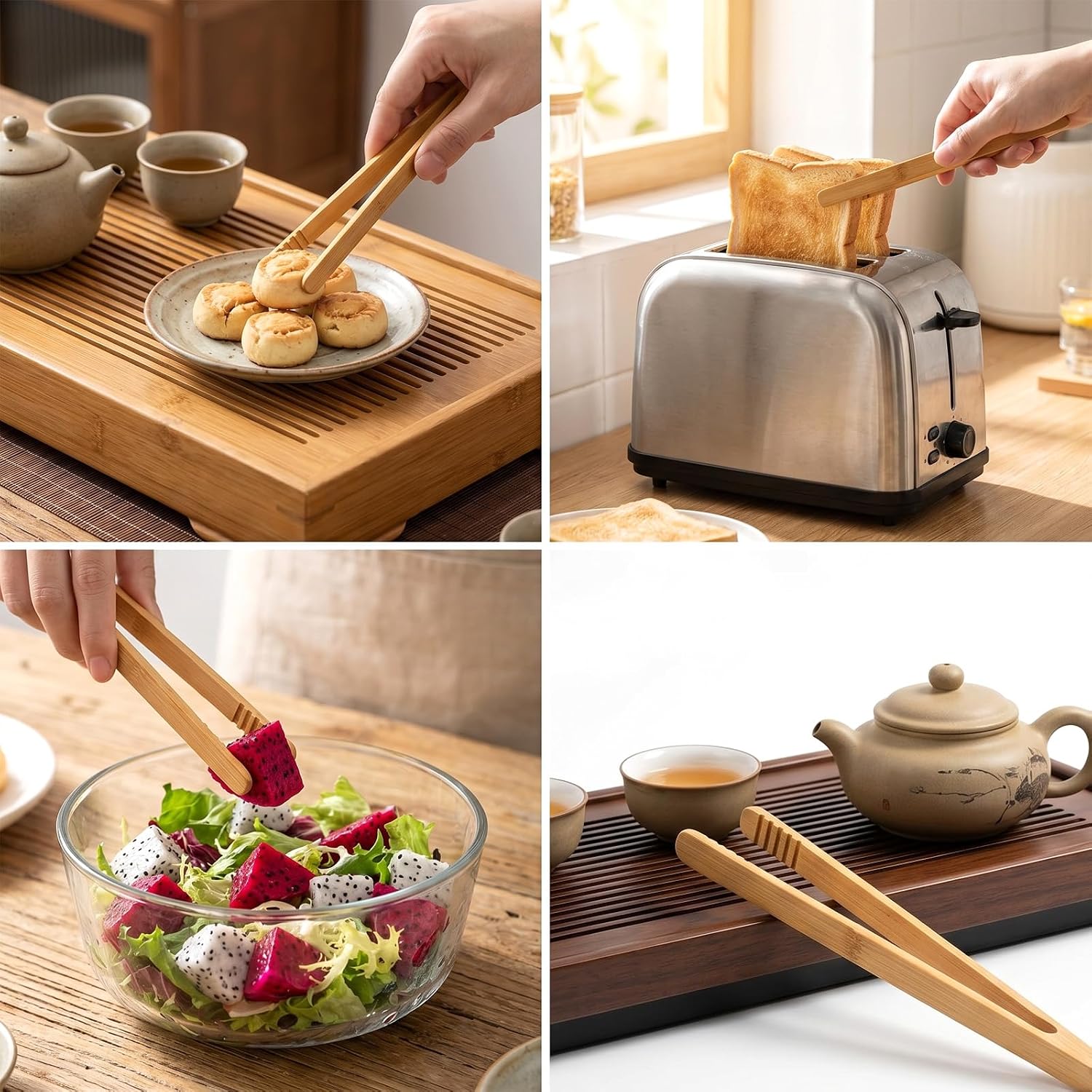 12 Pcs Bamboo Tongs for Toaster, 7 Inch Wooden Tongs with Anti-slip Design