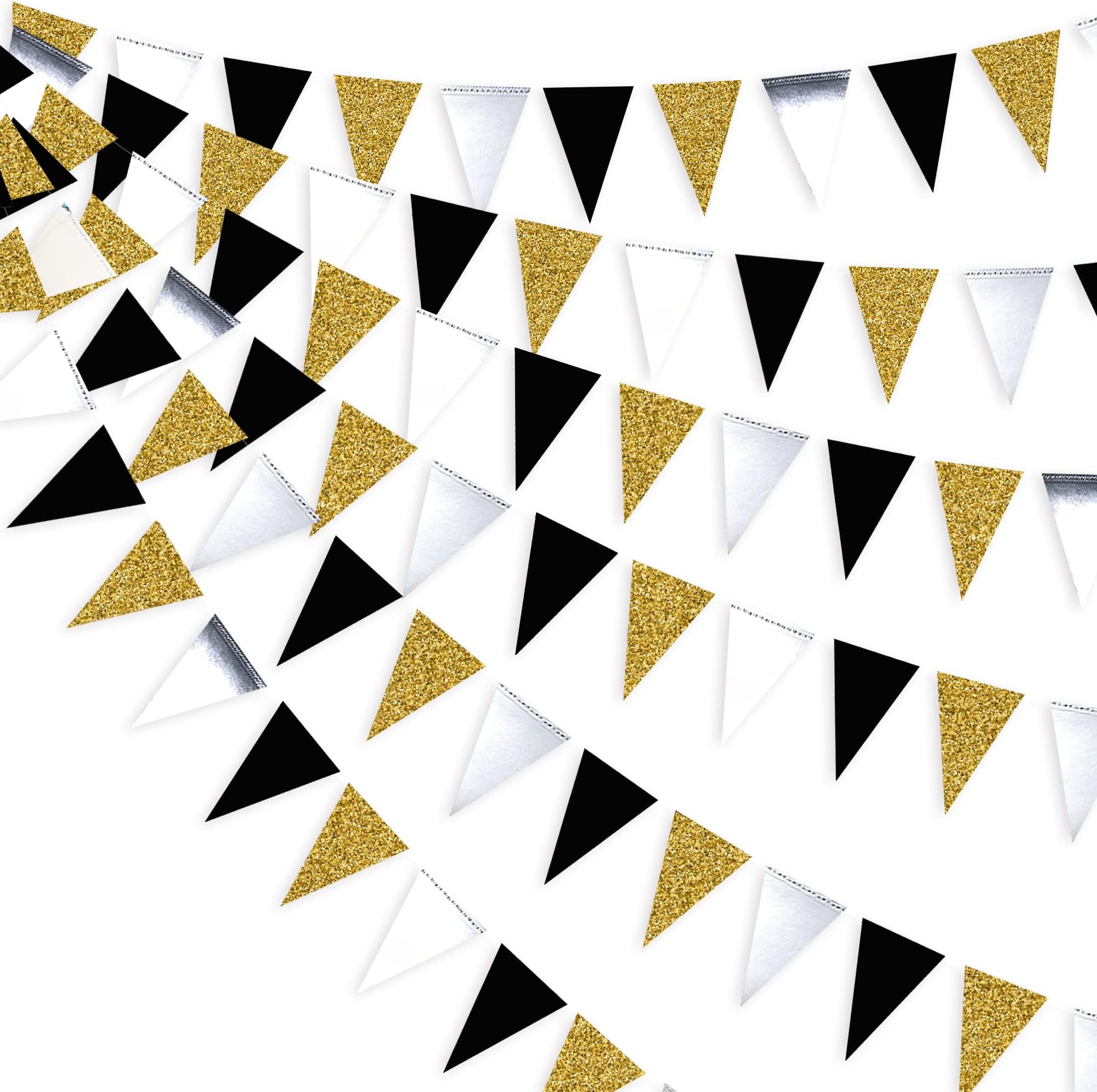 30 Feet Double Sided Glitter Paper Triangle Flag,Bunting Pennant Banner for Birthday Holiday Wedding Anniversary Graduation Theme Christmas Party Supplies Decorations.（Gold+Mirror-Like Silver+Black)