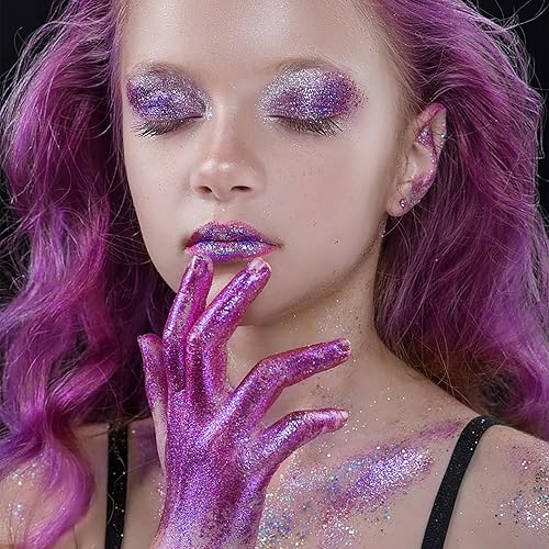 Miniatura 2 de BowJian Purpurina de cuerpo morado con purpurina para la cara, conciertos para cantantes, laca para el cabello con purpurina fina, accesorios para