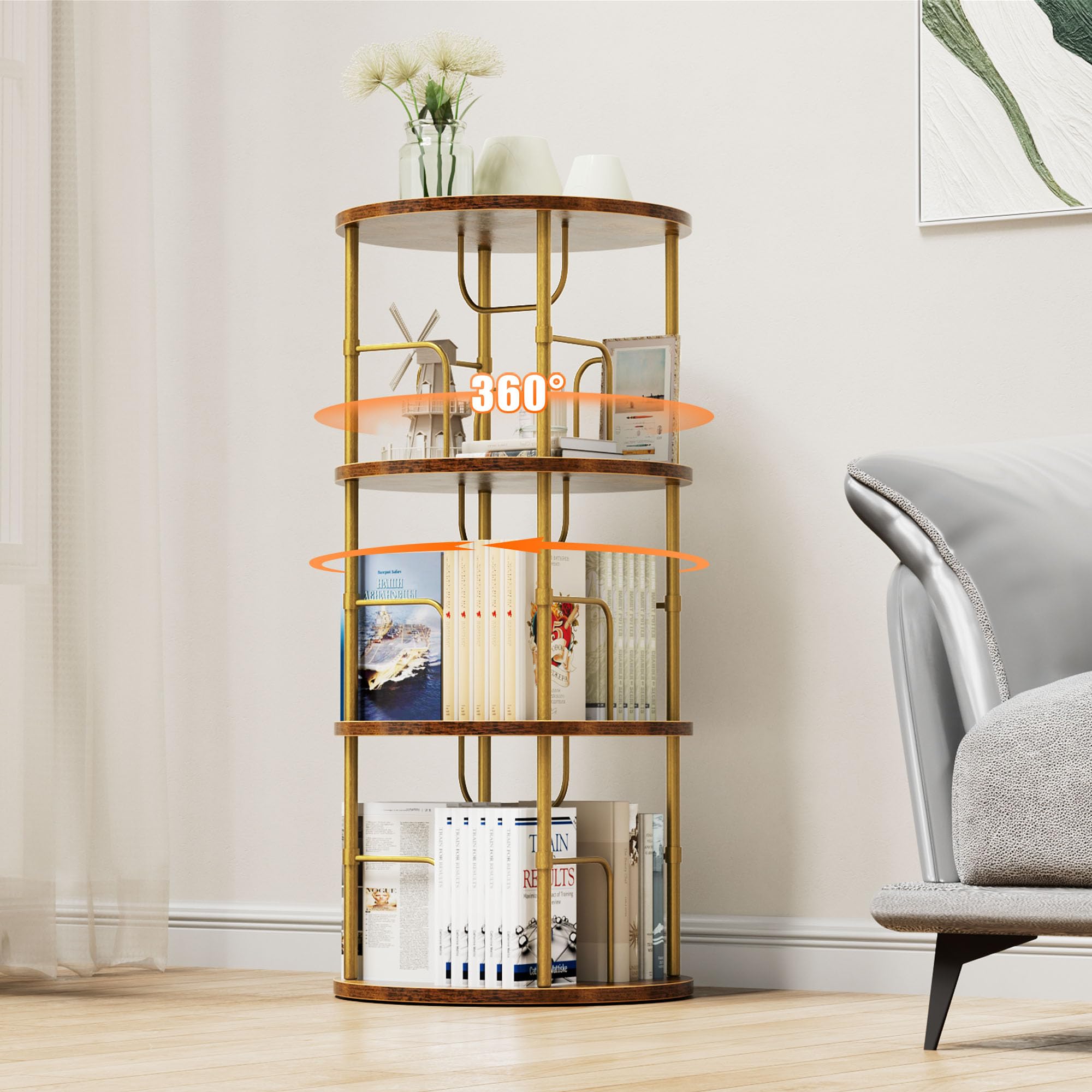OCTORO 3 Tier Rotating Bookshelf, 360° Corner Bookshelf Tower, Round Revolving Bookcase with Adjustable Levels, Spinning Book Shelf for Home Office, Bedroom, Living Room, 45 x 45 x 97cm, Gold