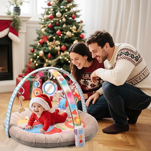 Miniatura 6 de CUTE STONE Tapete de juego para gimnasio y estera boca abajo con luces, sonidos y juguetes desmontables, gimnasio de actividad de volumen ajustable