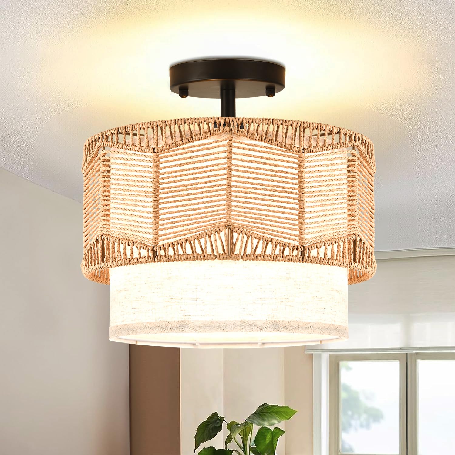 Rattan Deckenleuchte – Handgeflochtene Boho Flush Mount Leuchte Für Küche, Flur Oder Wohnzimmer