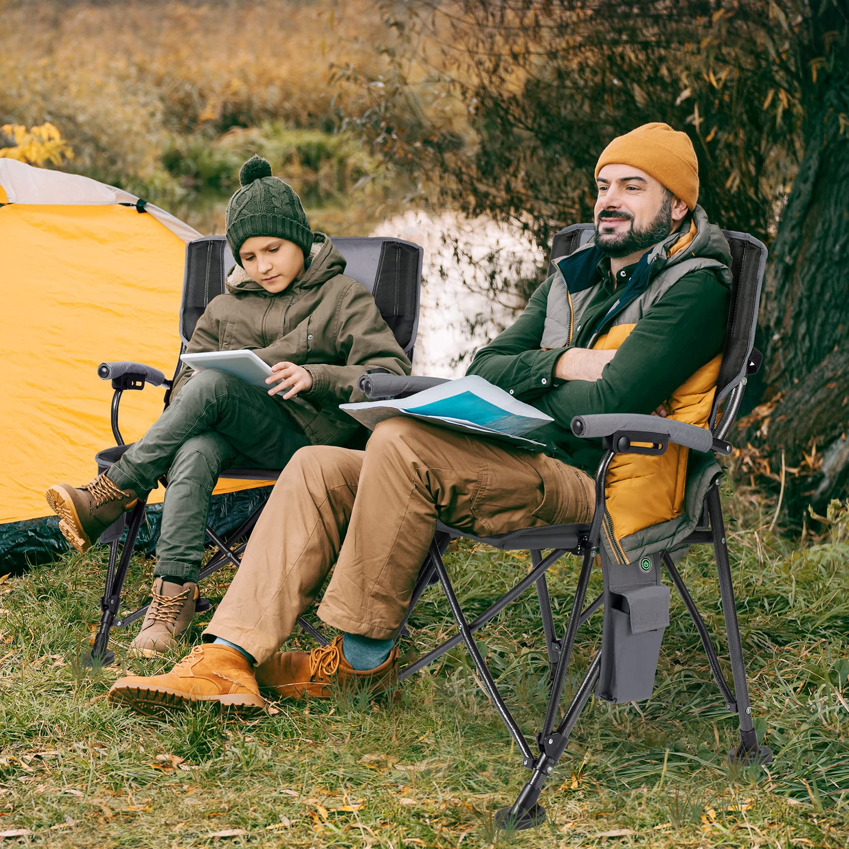 Heated Camping Chair, Heats Back and Seat, 3 Heat Levels, Heated Folding Chair with Cup Holder, Rich Pockets, Travel Bag for Camp and Outdoors Sports, Supports 300 lbs, Battery NOT Included