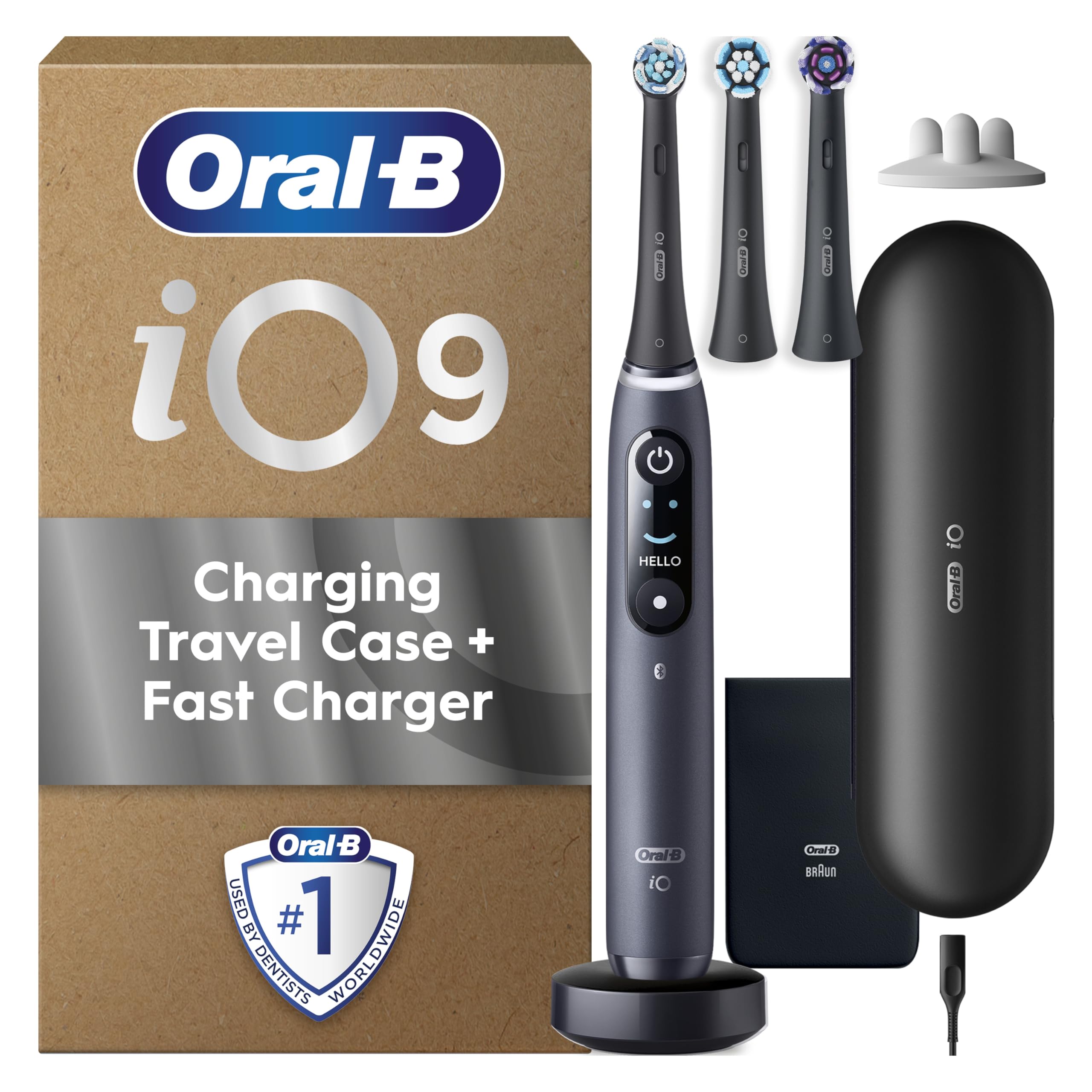 Oral B Electric Toothbrushes For Adults, Oral-B iO9, Gifts For Women / Men, App Connected Handle, 3 Toothbrush Heads, Charging Travel Case & Toothbrush Head Holder, 7 Modes, 2 Pin UK Plug, Black