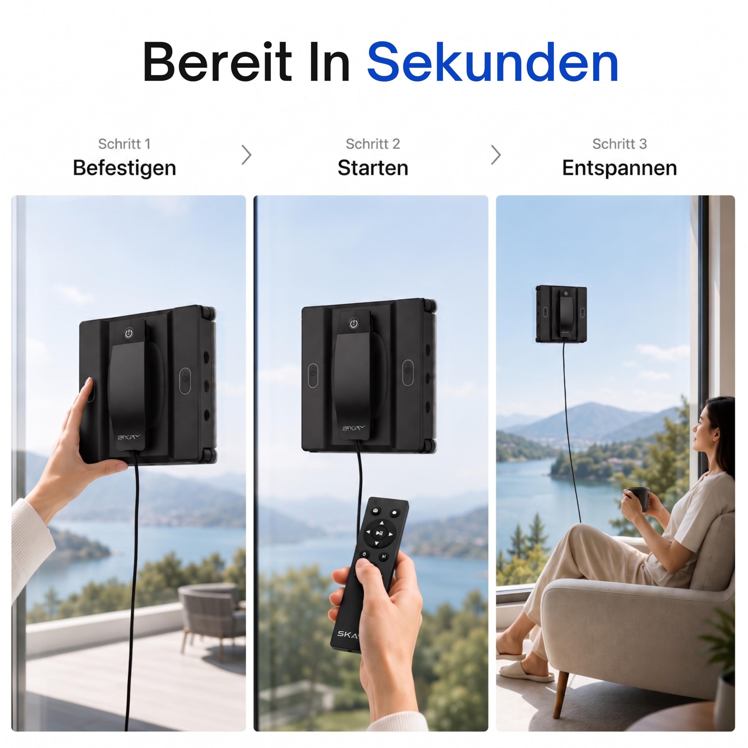 SKAY M82-KI Fensterputzroboter, KI-Navigation, Automatischer Fensterreiniger mit 6-Düsen Sprühsystem & Doppeltank 100ml, App & Fernsteuerung, 4 Reinigungsmodi, <60dB Leise, für Fenster Spiegel Fliesen