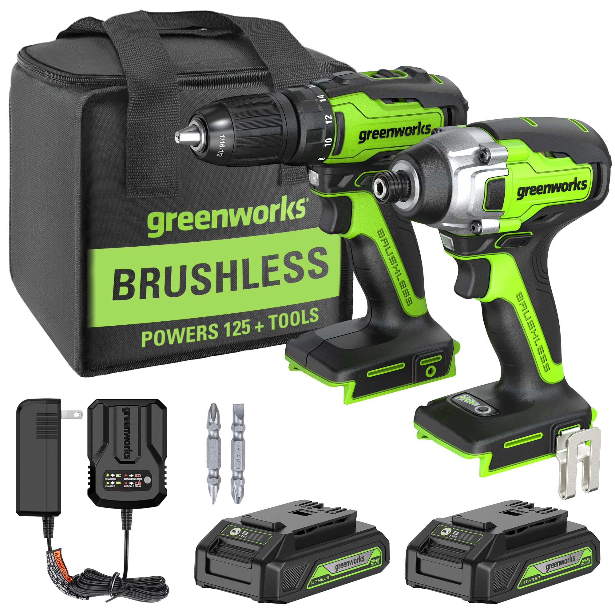 Greenworks 24V Brushless Drill / Impact Driver Combo Kit, (2) 1.5Ah USB (Power Bank) Batteries and Charger Included LED Light, 2pcs Driving Bits with Tool Bag