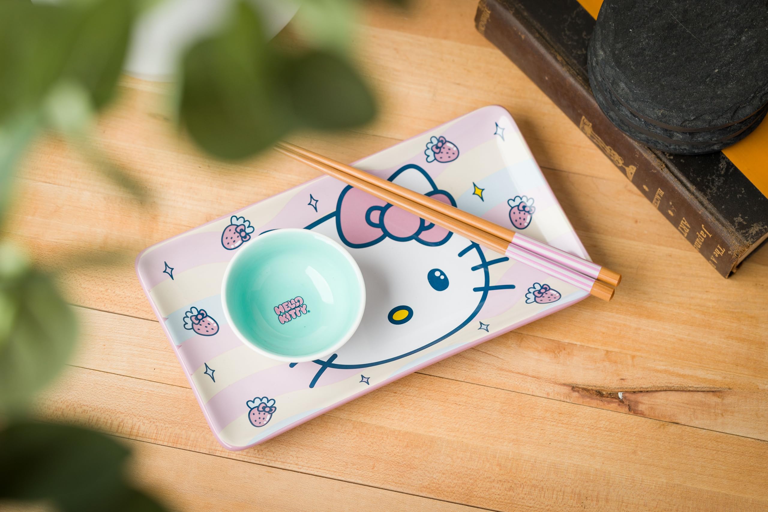 Silver Buffalo Sanrio Kawaii Ceramic Sushi Set with Dipping Sauce Dish and Matching Chopsticks: Hello Kitty Strawberries and Bows