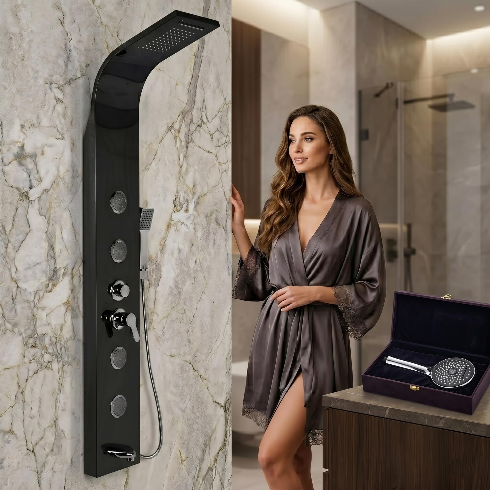 304 Steel Shower Panel | 6-in-1 Thermostatic System with Rainfall, Body Jets, Hand Shower & Mist Spray hot and cold Free Faucet Angle Valve