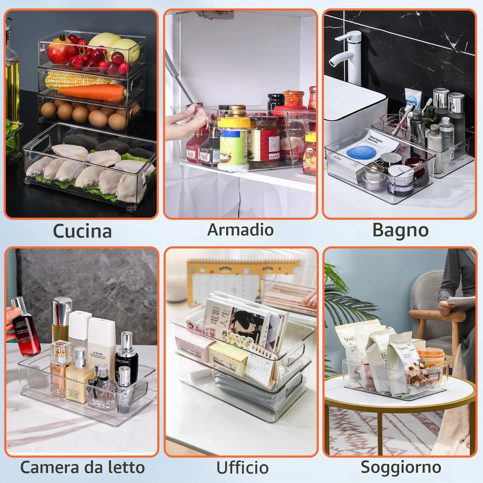 6Pcs Organizer Frigorifero Impilabili con Maniglia, Set Contenitori Frigo Trasparente, Cestini Organizzatori Salvaspazio Senza BPA per Cucina, Armadietti, Bagno, Dispensa, Congelatore, Ripiani