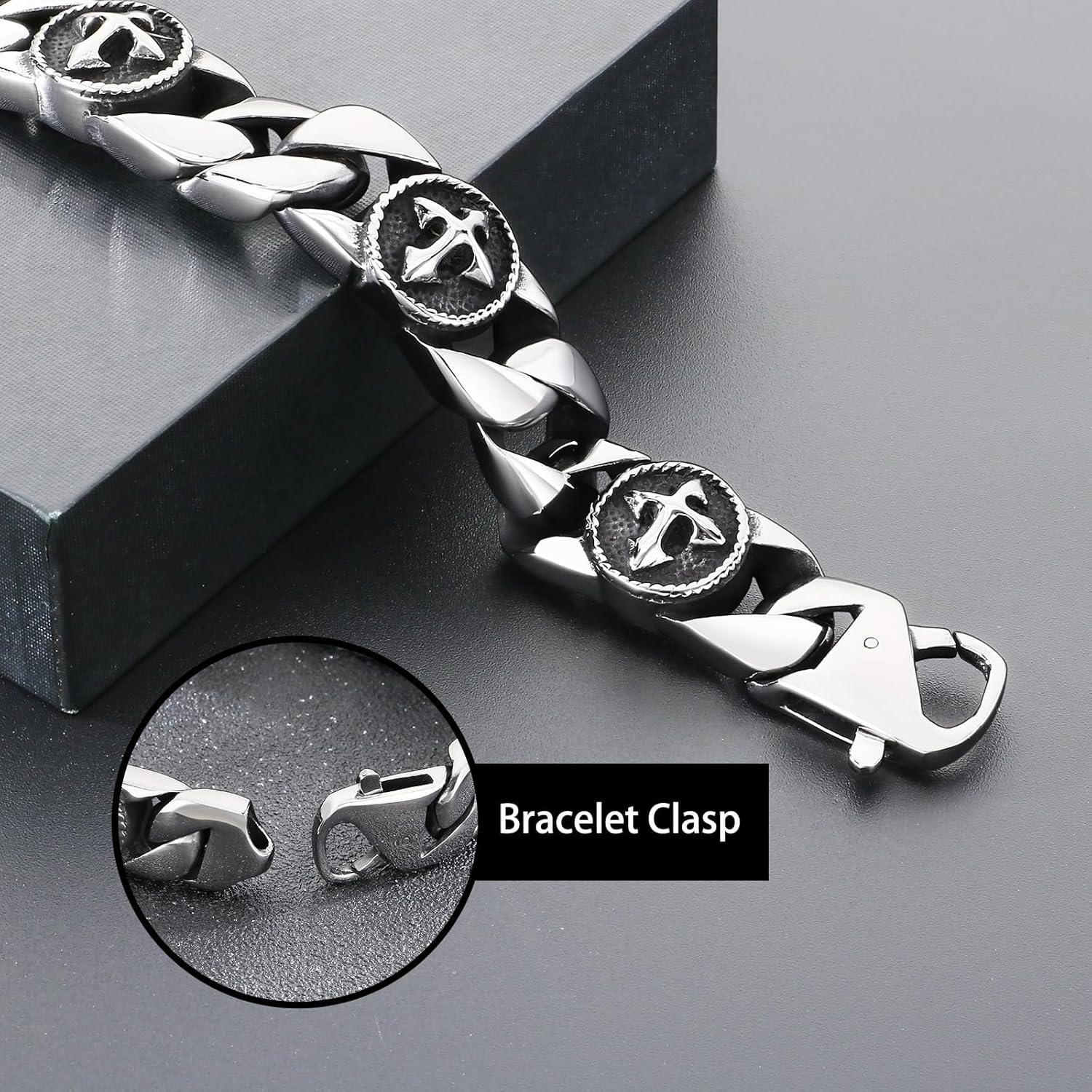 Men's Cross Stainless Steel Cuban Link Bracelet Gothic Cross Vintage Punk Bangle for Rocker Biker with Lobster Clasps Polished Gift for Him - Image 3