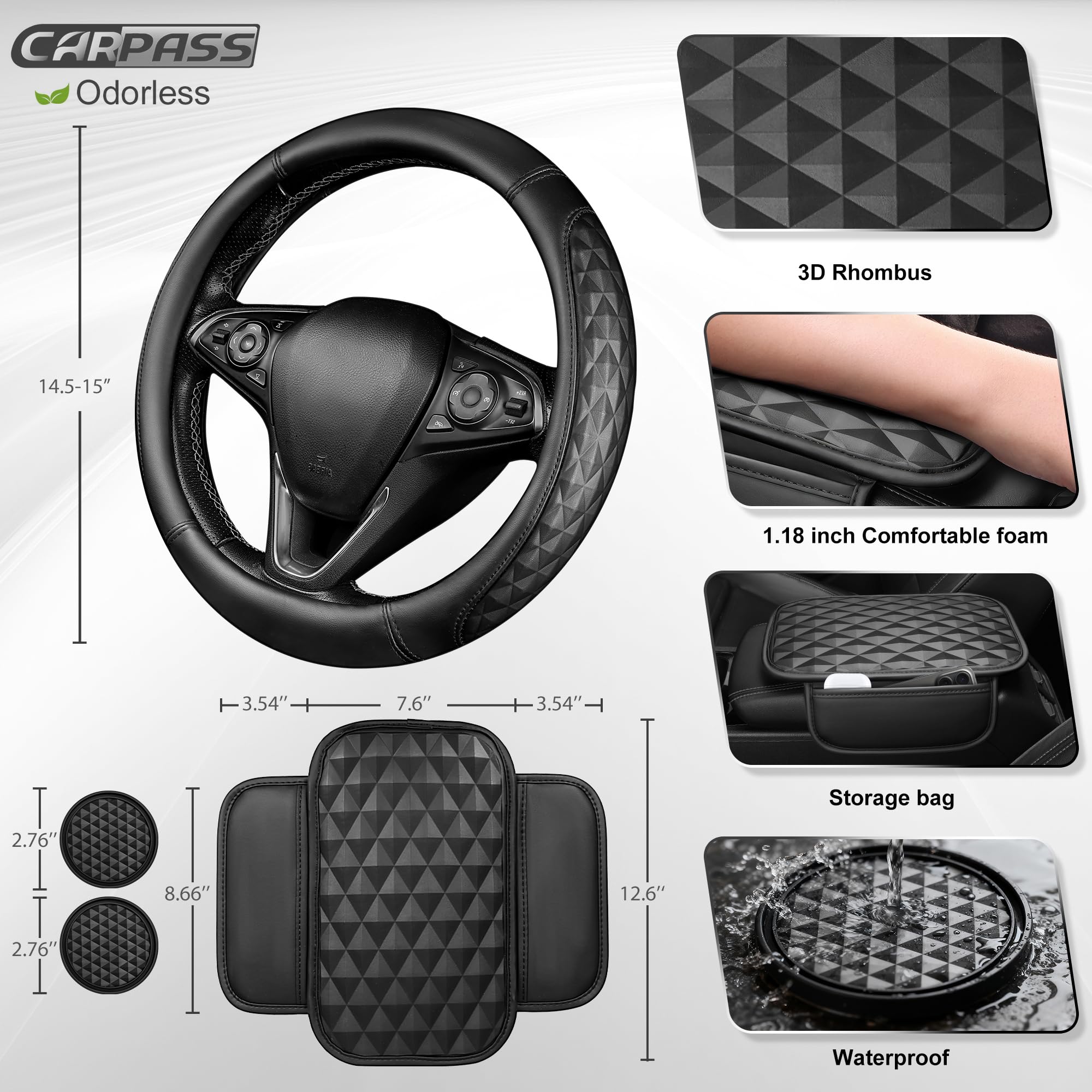 CAR PASS 3D Memory Foam Leather Car Steering Wheel Cover Set Comfortable Rhombus Leather Center Console Armrest Cushion — view 4