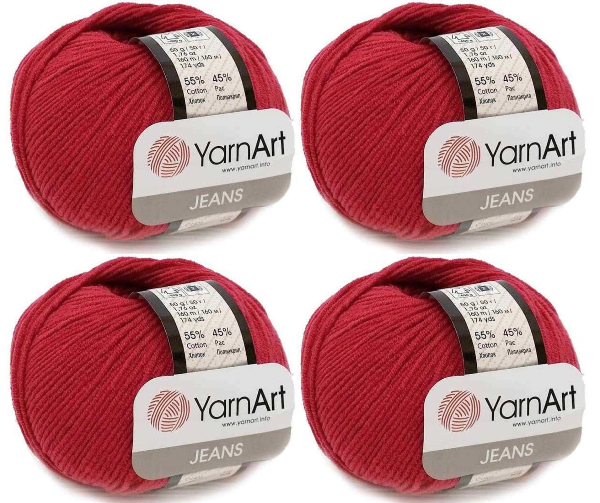 Yarn Art 4 Skeins Jeans 55% Cotton 45% Acrylic Blend Thread Crochet Hand Knitting Lot of 4skn 200 gr 696 yds (51-Dark Red)