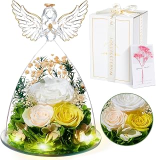 Touloube Eternal Rose Mother's Day Gift Woman, Canned Flower with Angel Figurine, Pink Idea Gift for Her, Mom Friend Wife Sister Grandma, Christmas Gifts, Mother's Day, Birthday