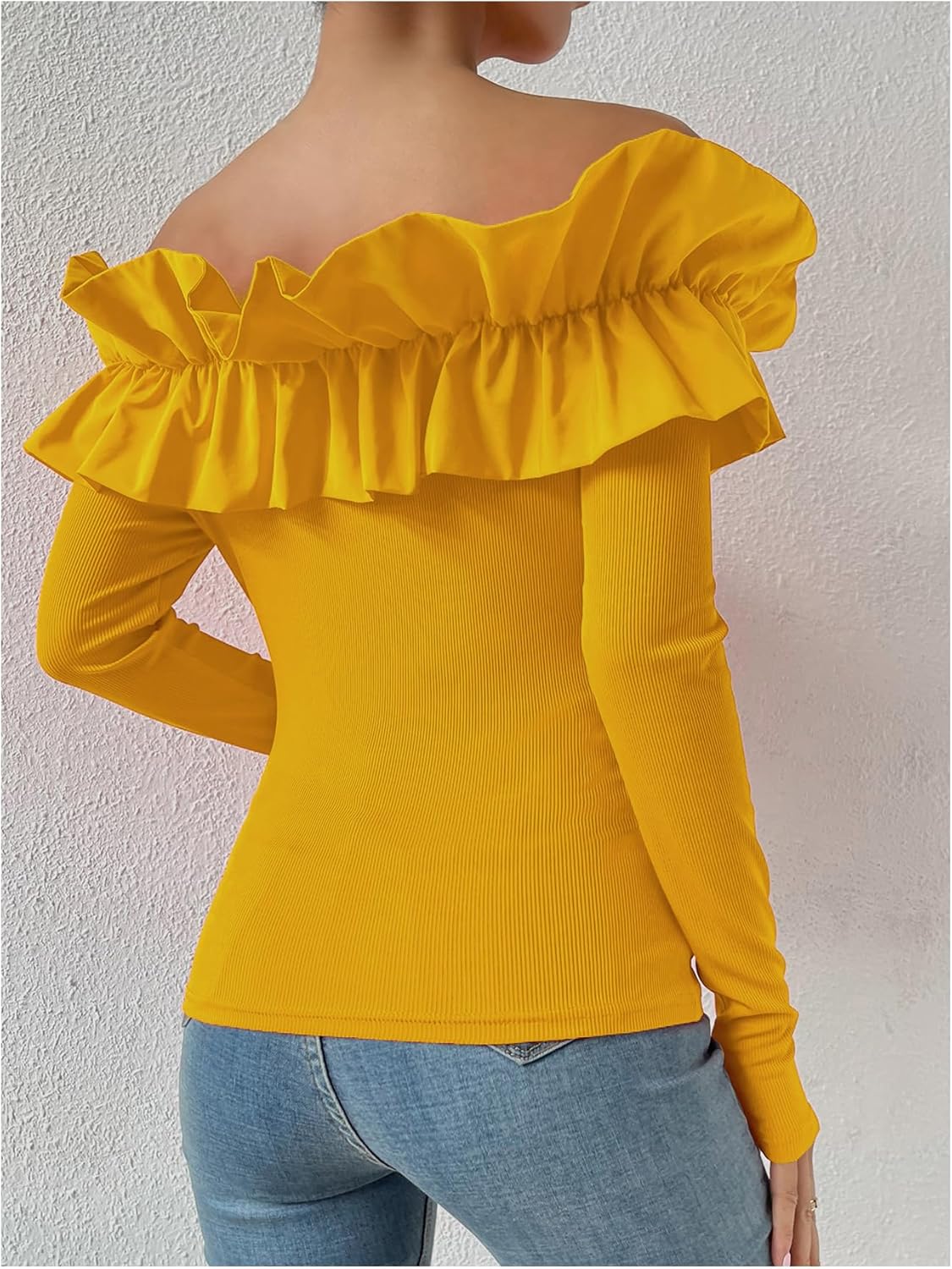 OYOANGLE Women's Long Sleeve Rib Knit Ruffle Off Shoulder Blouse Party Tops Shirt - Image 6