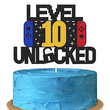 FestikoLevel 10th Unlocked Sign Cake Topper Happy 10th Birthday Level Up Tenth Cake Decorations for Video Game Controller Themed Kids Boy Girl Bday Party Supplies Double Sided