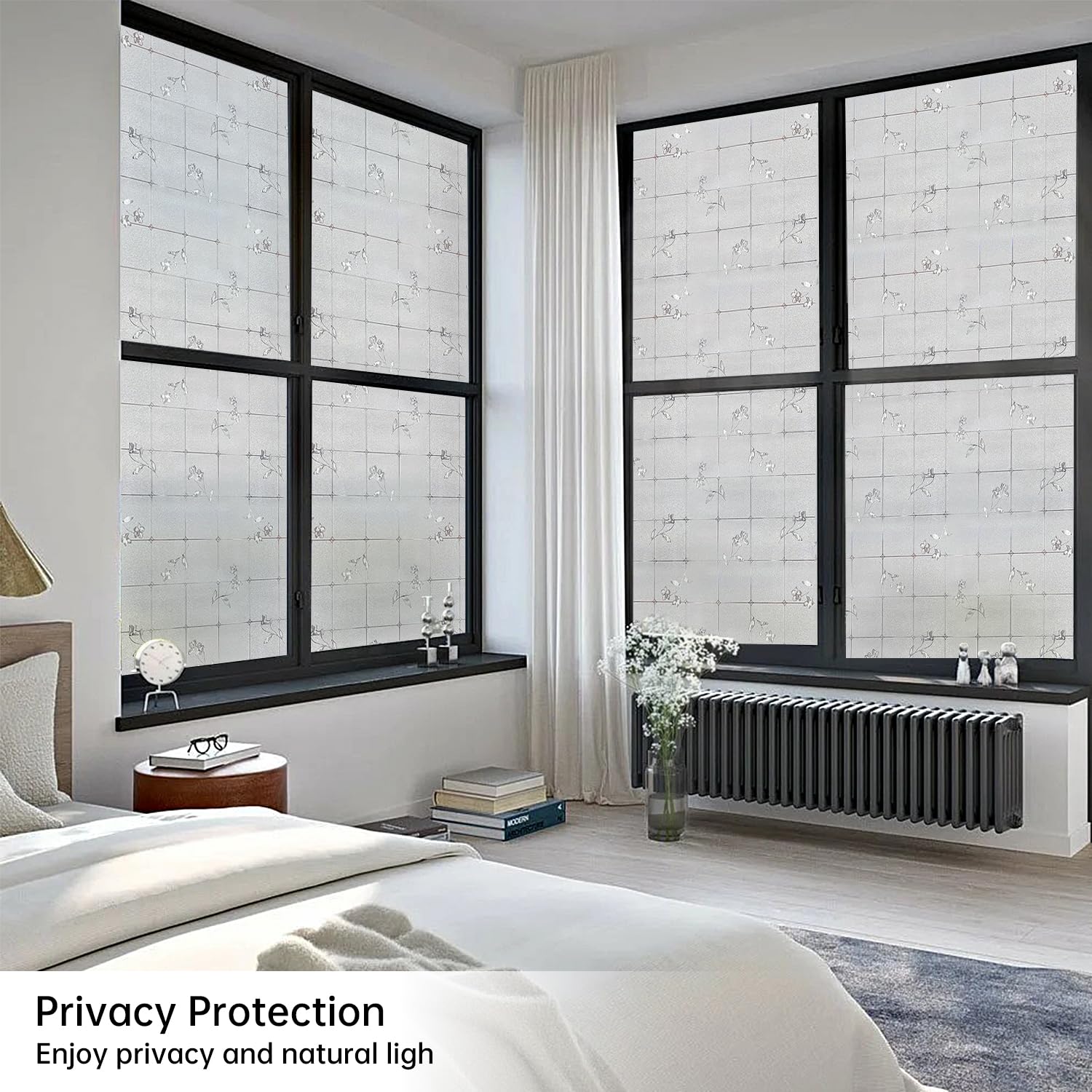 Frosted Glass Window Film 17.7x78.7 Inch Floral Window Privacy Film Lattice Window Cling Film Non Adhesive Glass Sticker for Front Door Home UV Block Vinyl Windows Covering for Bathroom House