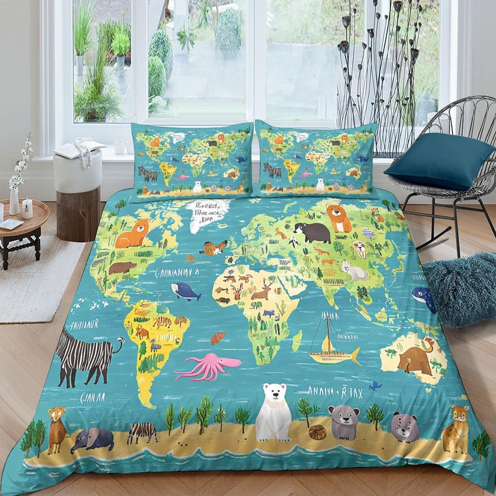 Ctjqhvkz Style-10 3D Printed World Map Animals Fitted Sheet Microfiber Soft Blue Bed Cover For Bedroom Guest Room Decor Protection Single（135X200cm）