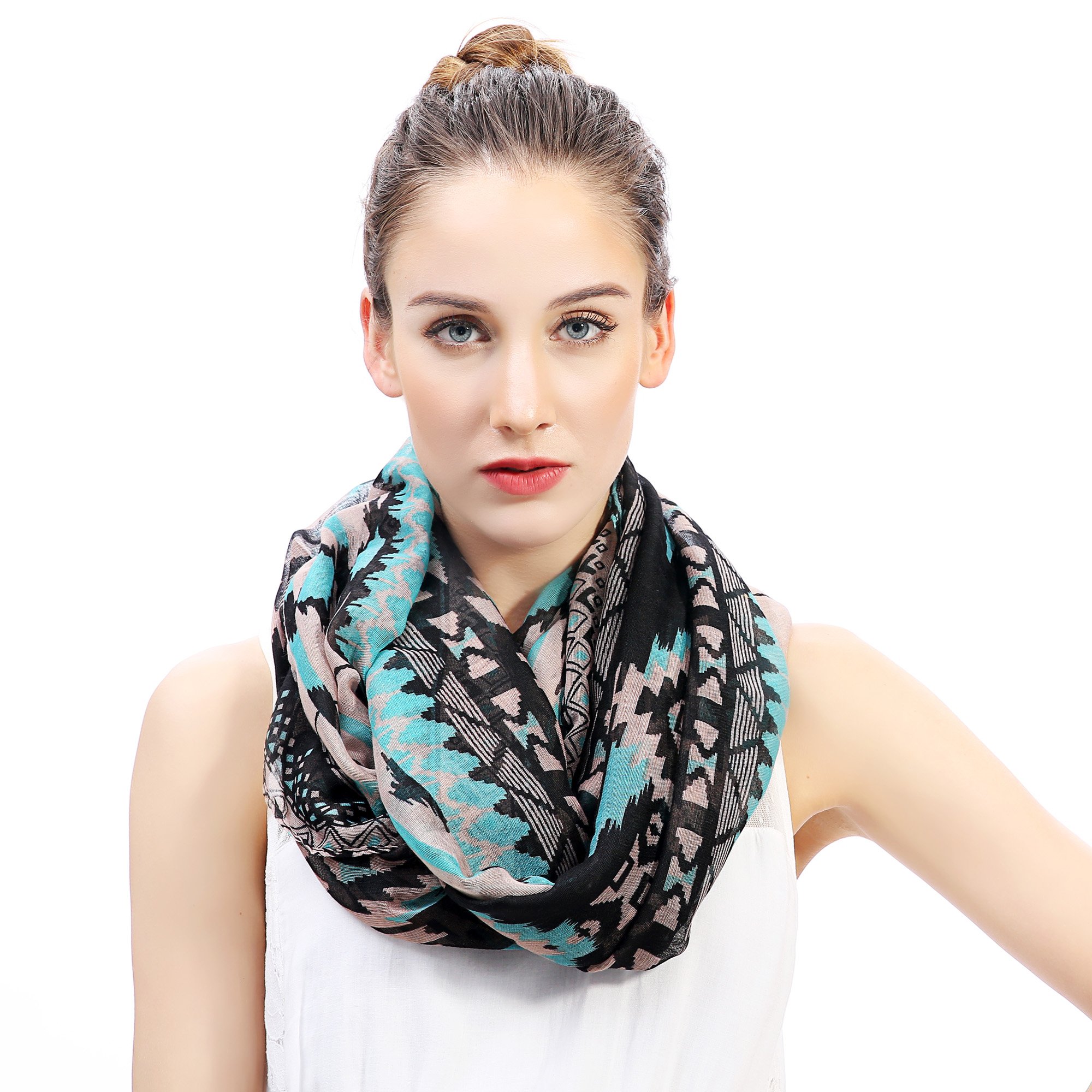 Lina & Lily Ethnic Aztec Tribal Geometric Print Women's Infinity Scarf Snood Lightweight (Neon Blue, Beige, Black)