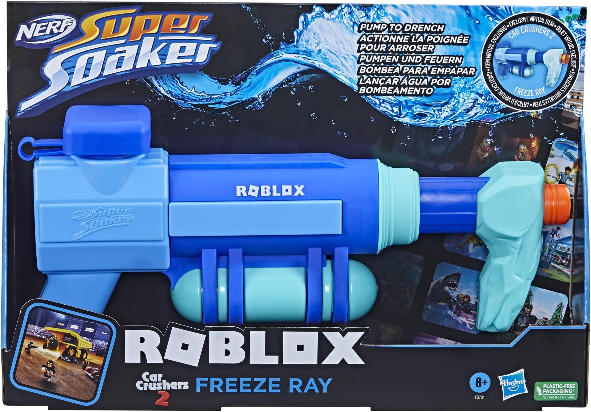 Super Soaker Nerf Roblox Car Crushers 2: Freeze Ray Water Blaster, Includes Code To Redeem Exclusive Virtual Item, Pump Action Soakage