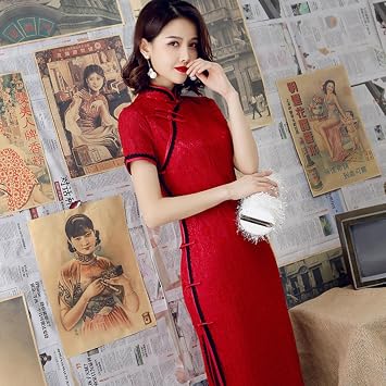 REDBMX Modern Cheongsam Women Short Lace Qipao Chinese Dress Qi Pao Party Vintage Elegant Dress