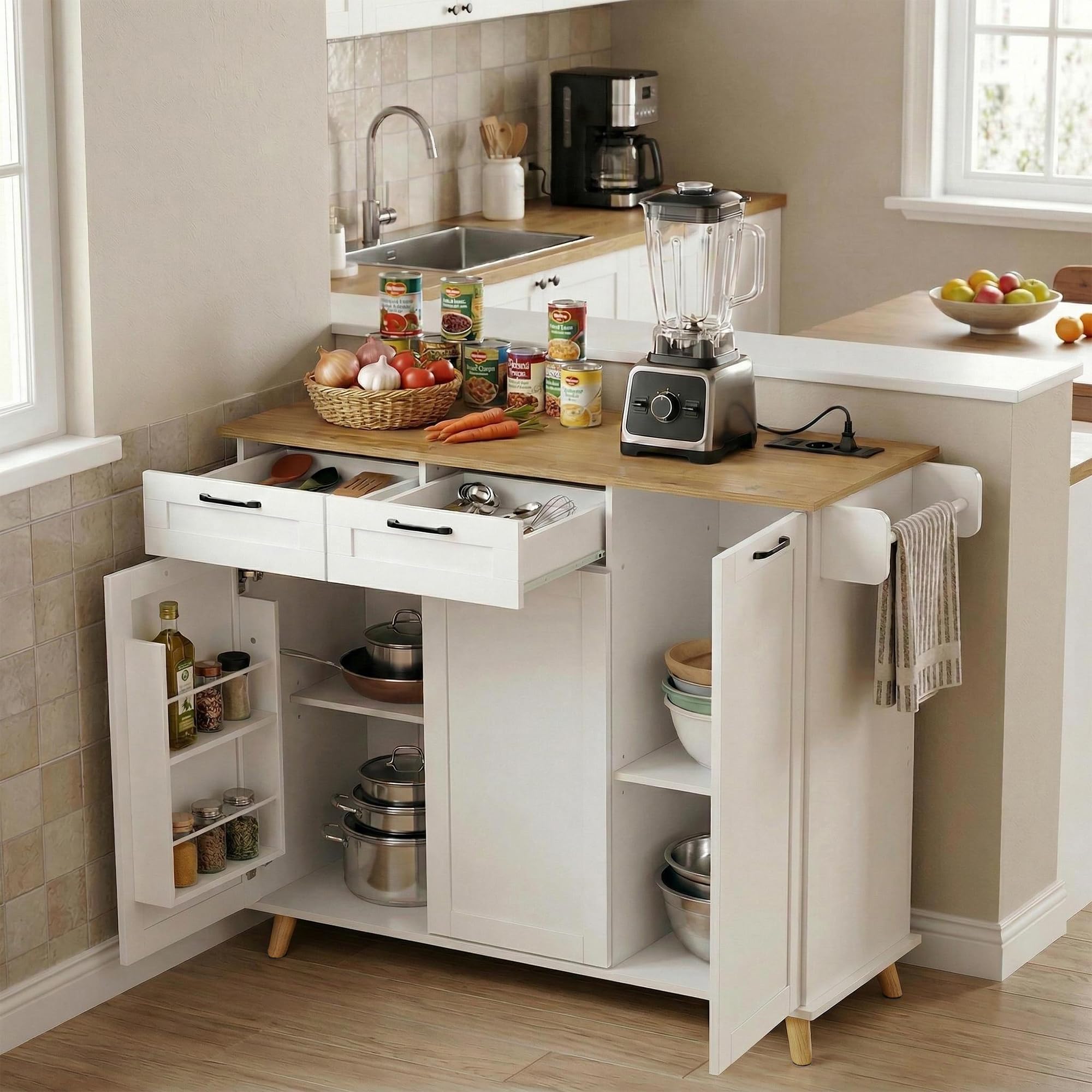 Îlot Central, Desserte Îlot de Cuisine sur roulettes, avec 2 Prises et 2 Ports USB, 119,5 x 44–74 x 94 cm, pour Cuisine et Salle à Manger, Blanc