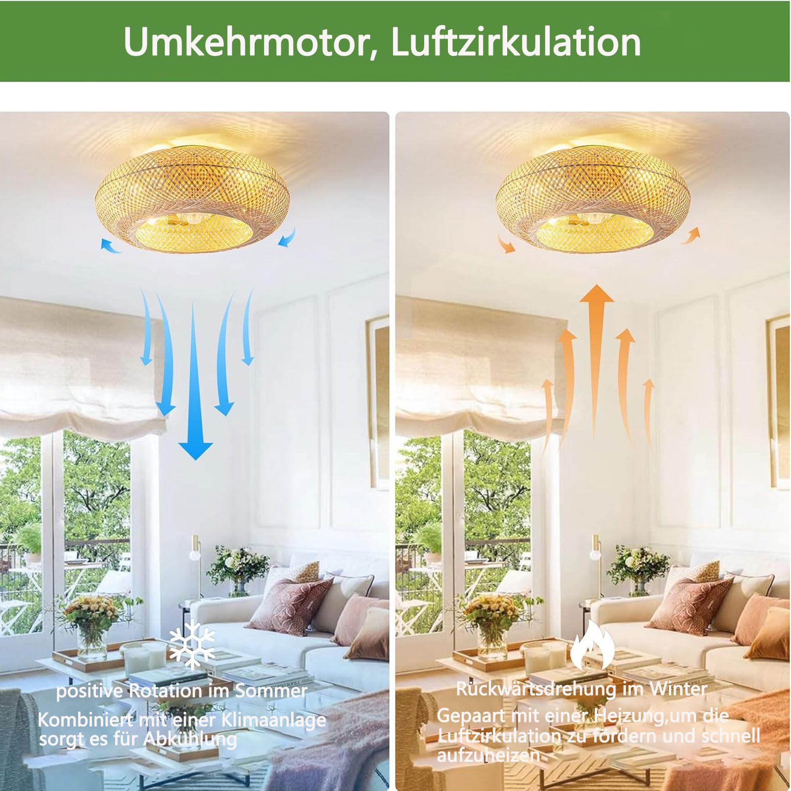 MiiR Deckenventilator mit Beleuchtung und Fernbedienung E27 Retro Bambus 6-Gang Reversibler Motor