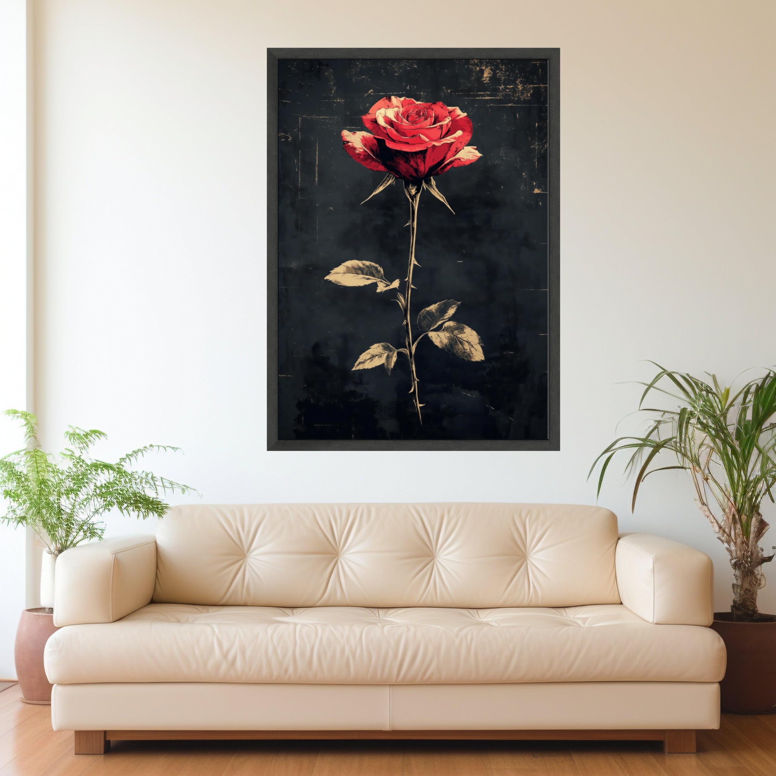 XINBAO Vintage czerwona róża ilustracja kwiatowa ciemne tło dekoracja botaniczna romantyczny kwiat malarstwo (40 x 60 cm / bez ramki)