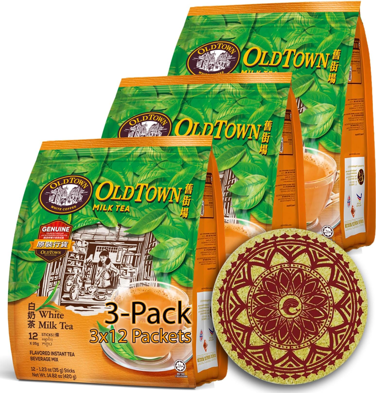 (3 Pack - MilkTea) OLD TOWN (3 in 1) MilkTea Asian Instant MilkTea with a WHALEVER Eco Friendly Cork Coaster Package, oldtown MilkTea 36 Instant MilkTea Packets