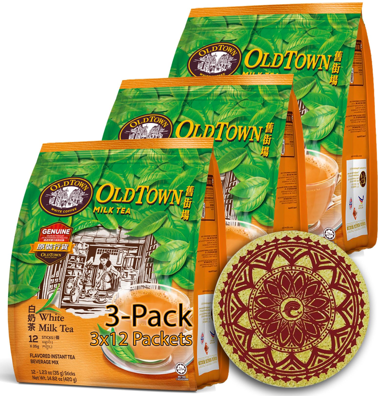 (3 Pack - MilkTea) OLD TOWN (3 in 1) MilkTea Asian Instant MilkTea with a WHALEVER Eco Friendly Cork Coaster Package, oldtown MilkTea 36 Instant MilkTea Packets