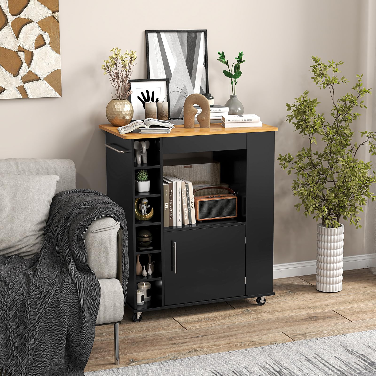 KOMFOTTEU Carrello da Cucina in Legno, Carrello di Servizio con 3 Organizzatori, Impugnatura e 6 Scomparti per vino, Isola da Cucina su Ruote con Piano in Bambù, per Sala da Pranzo, Bar (Nero)