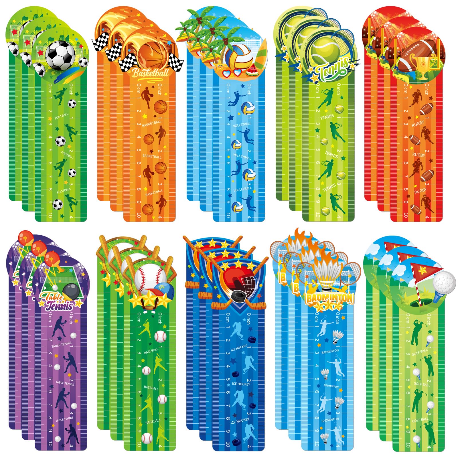 JSRQT 30Pcs Paper Bookmarks Ruler for Kids, 10 Style Sports Them Ball Shaped Book Marks Page Clips, Assorted Paper Bookmarks Set, Creative Bookmarks Gift for Teen Friend Student School Reading Supply