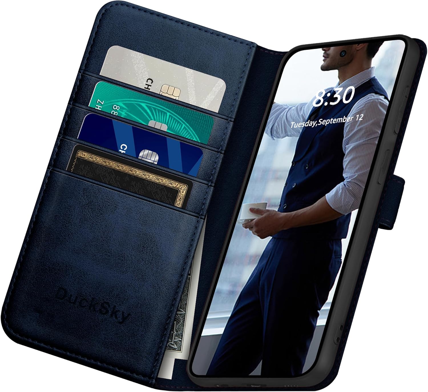 DuckSky compatible with Google Pixel 10/10 Pro 6.3" Genuine Leather Wallet case【RFID Blocking】【4 Credit Card Holder】【Real Leather】Flip Folio Book Phone case Cover Women Men for Pixel 10 case Dark Blue