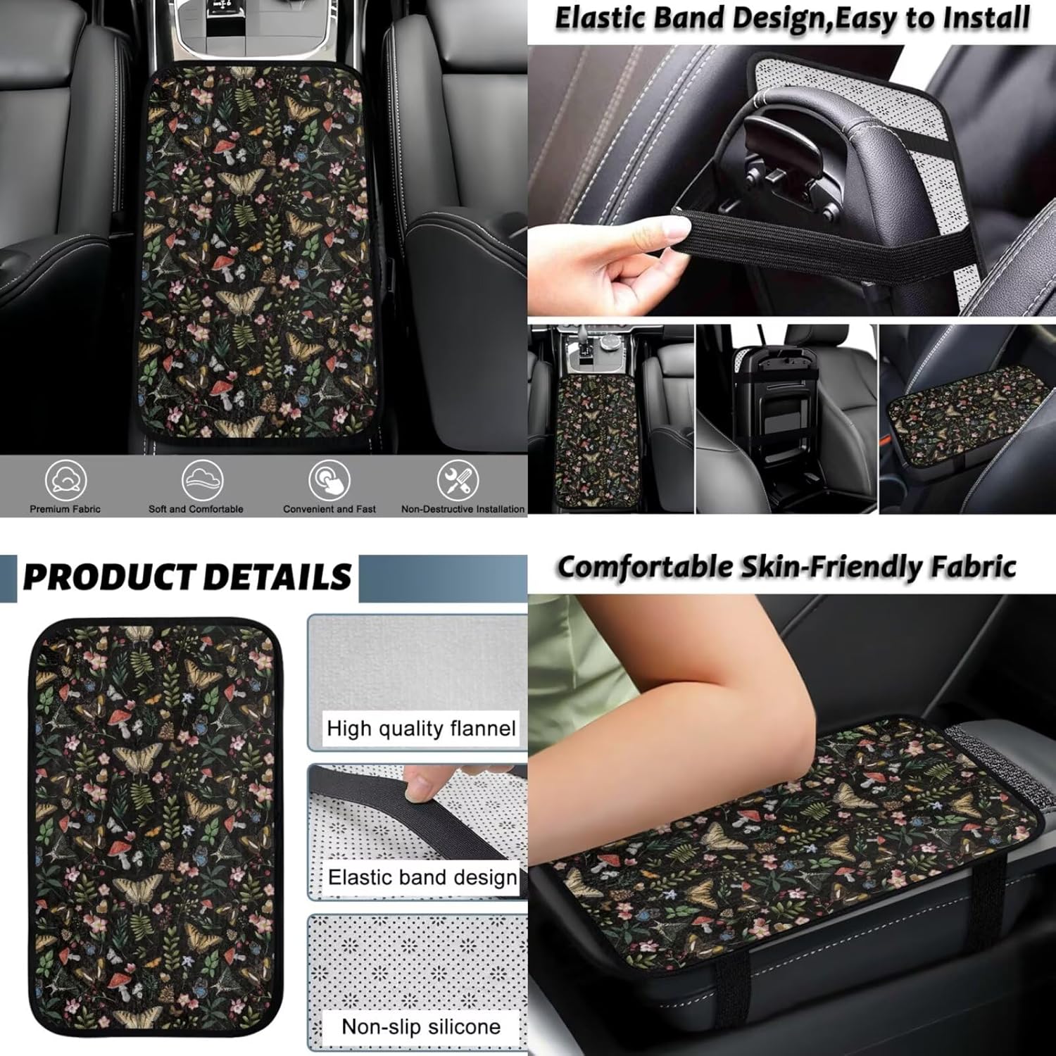 Car Seat Covers Set of 7,Front and Rear Bench Seat Covers Car Center Console Cushion Pad Car Steering Wheel Protector Shoulder Seatbelt Pads Cover,Decor Car Accessories Butterfly Design