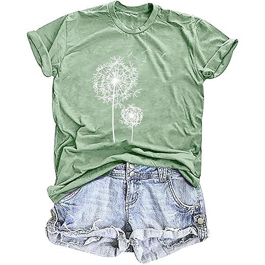 Camiseta feminina de dente-de-leão com estampa de flores silvestres de manga curta com estampa de flores de verão
