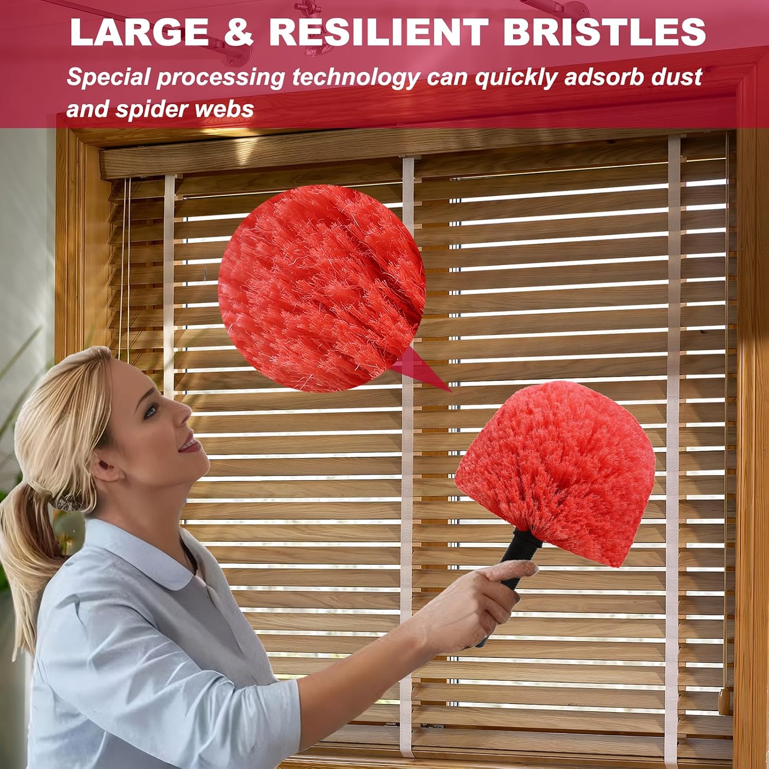 Twist-On Cobweb Duster Head Brush - Indoor & Outdoor Spider Web Cleaning Solution - Fits Standard Acme Threaded Poles - Durable & Versatile Spider Web Corner Cleaner Duster Brush Head Only - Red