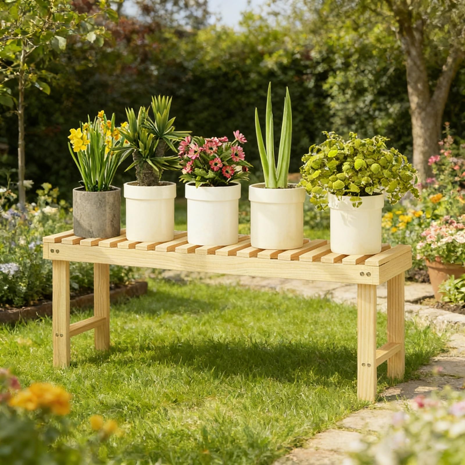 Estantería Para Plantas Expositor Macetas Para Jardín Interior Exterior Banco Largo De Un Solo Nivel Para Sala De Estar Balcón Pasillo Entrada Estante Almacenamiento Madera(Wood,98*25*30cm)