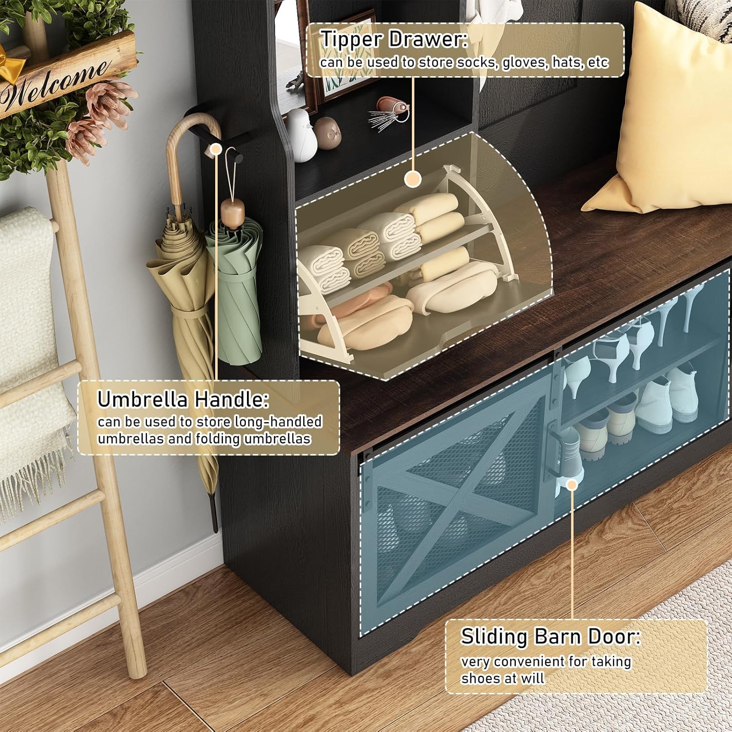 Крупним планом view of the chartustriable Hall Tree's features, including the tipper drawer for socks/gloves, umbrella handle holder, and sliding barn door for shoe storage.
