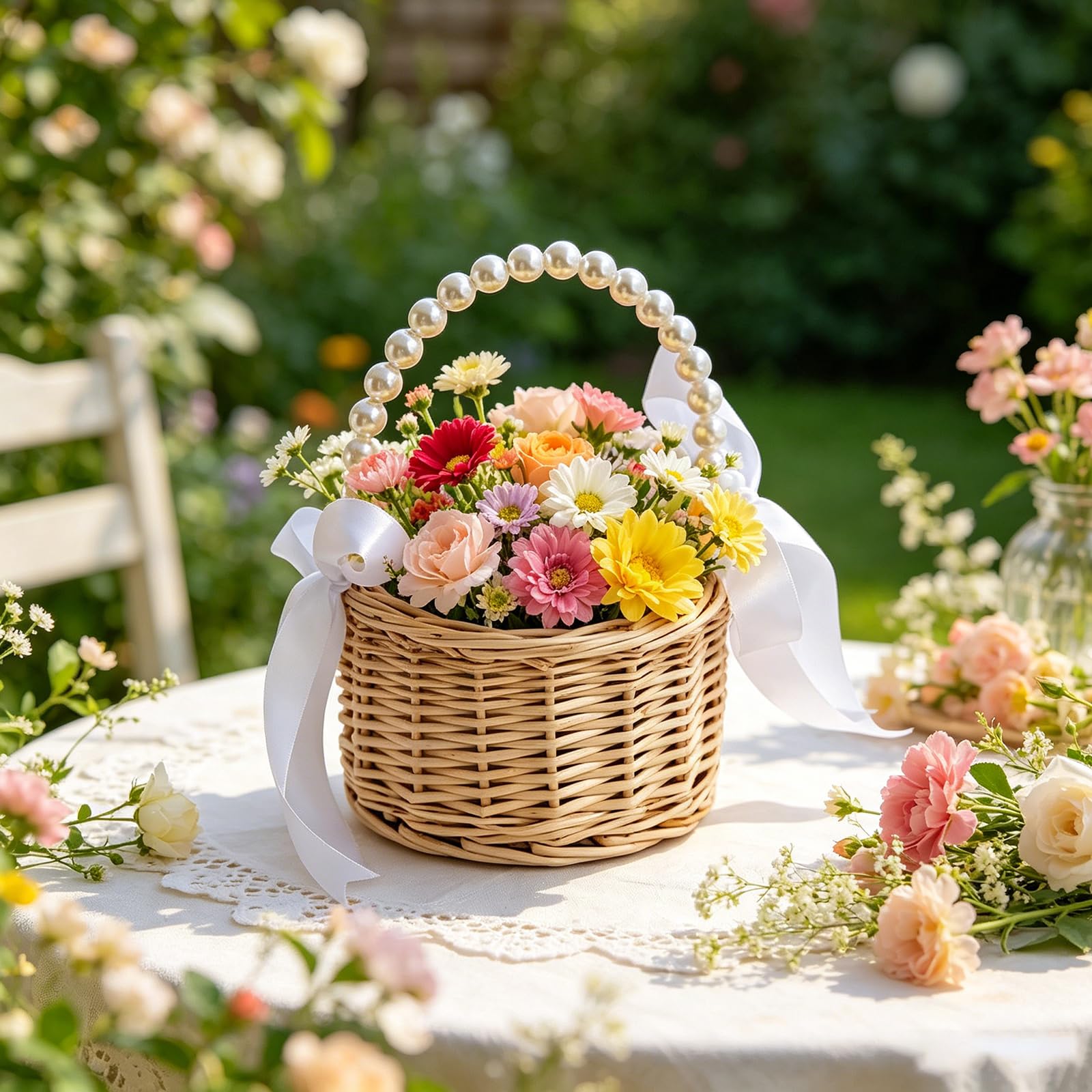 2 Stück Blumenmädchen Korb,20x15CM Blumenkorb Hochzeit Mit Henkel Und Schleife,Mini Geflochtener Blumenkorb,Rattan Blumenmädchen Für Hochzeit,Tischdeko,Hochzeiten,Heimdekoration