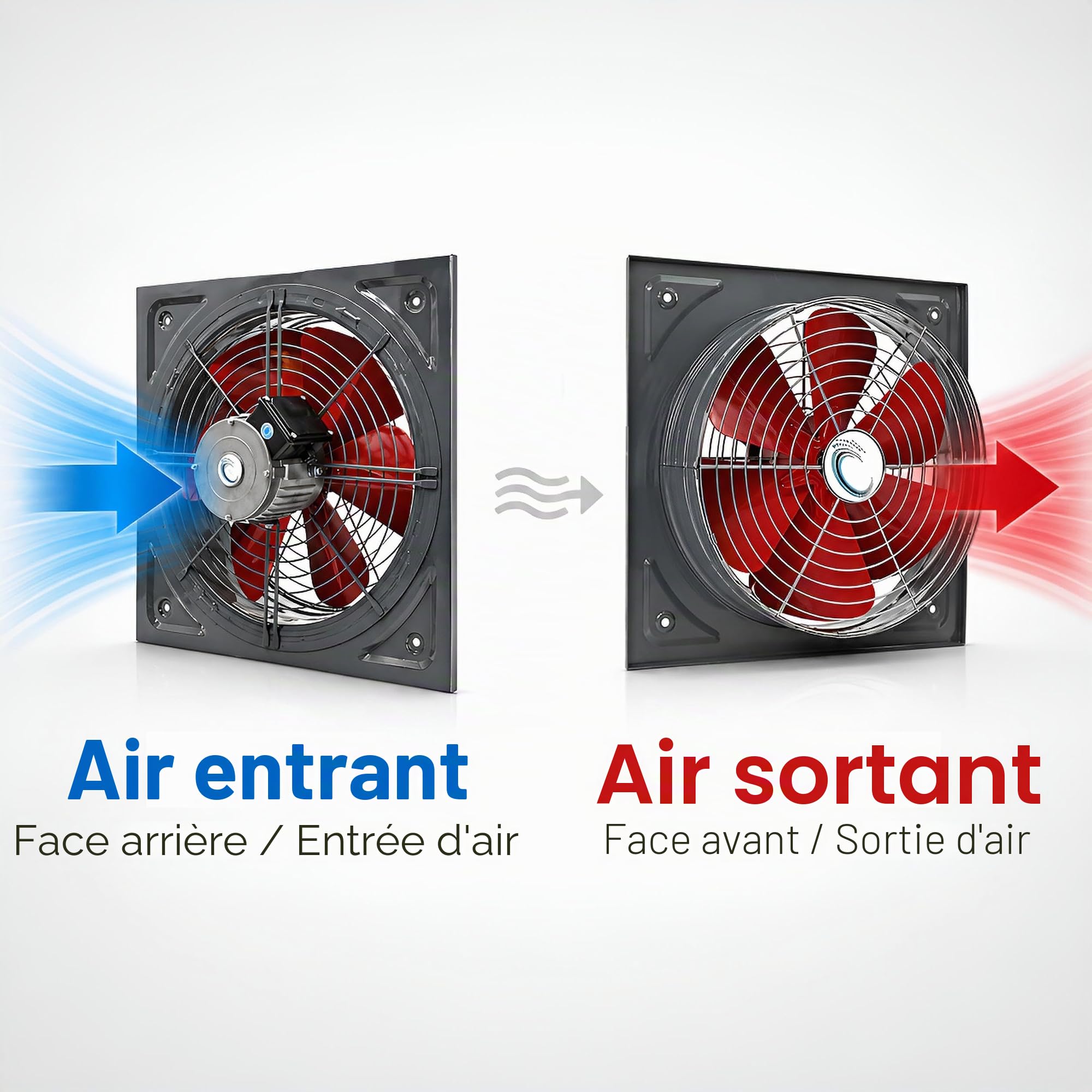 Uzman Ventilateur mural industriel - Axial haute performance - 300 mm à 600 mm - Aspiration d'air - IP44 - 1400 tr/min - 130 W à 560 W - 2200 m³/h à 8500 m³/h - 53 dB(A) à 66 dB(A) - Bleu/Rouge