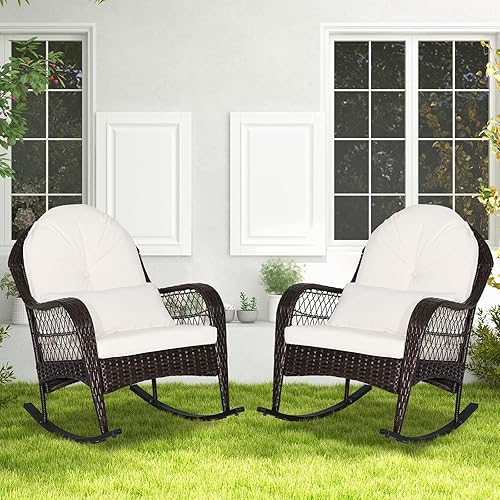 Miniatura 2 de Tangkula Mecedora de mimbre para exteriores, mecedora de ratán para patio con cojines de respaldo de asiento y almohada de cintura, marco de metal