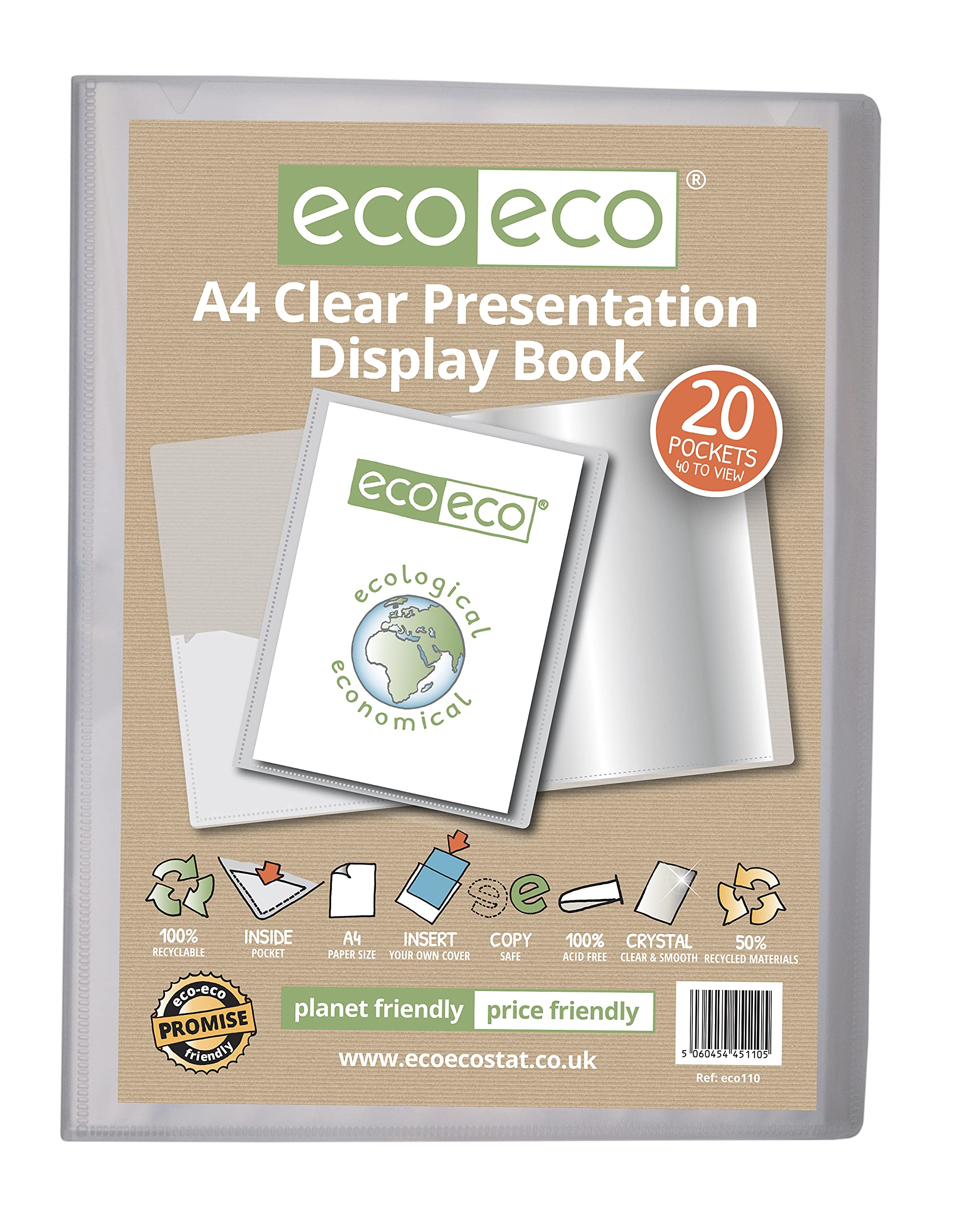 eco-eco Eco110 x 12 - Cuaderno de presentación (tamaño A4, 50% reciclado, 20 bolsillos, transparente de presentación, estuche de almacenamiento, con fundas de plástico, 12 unidades